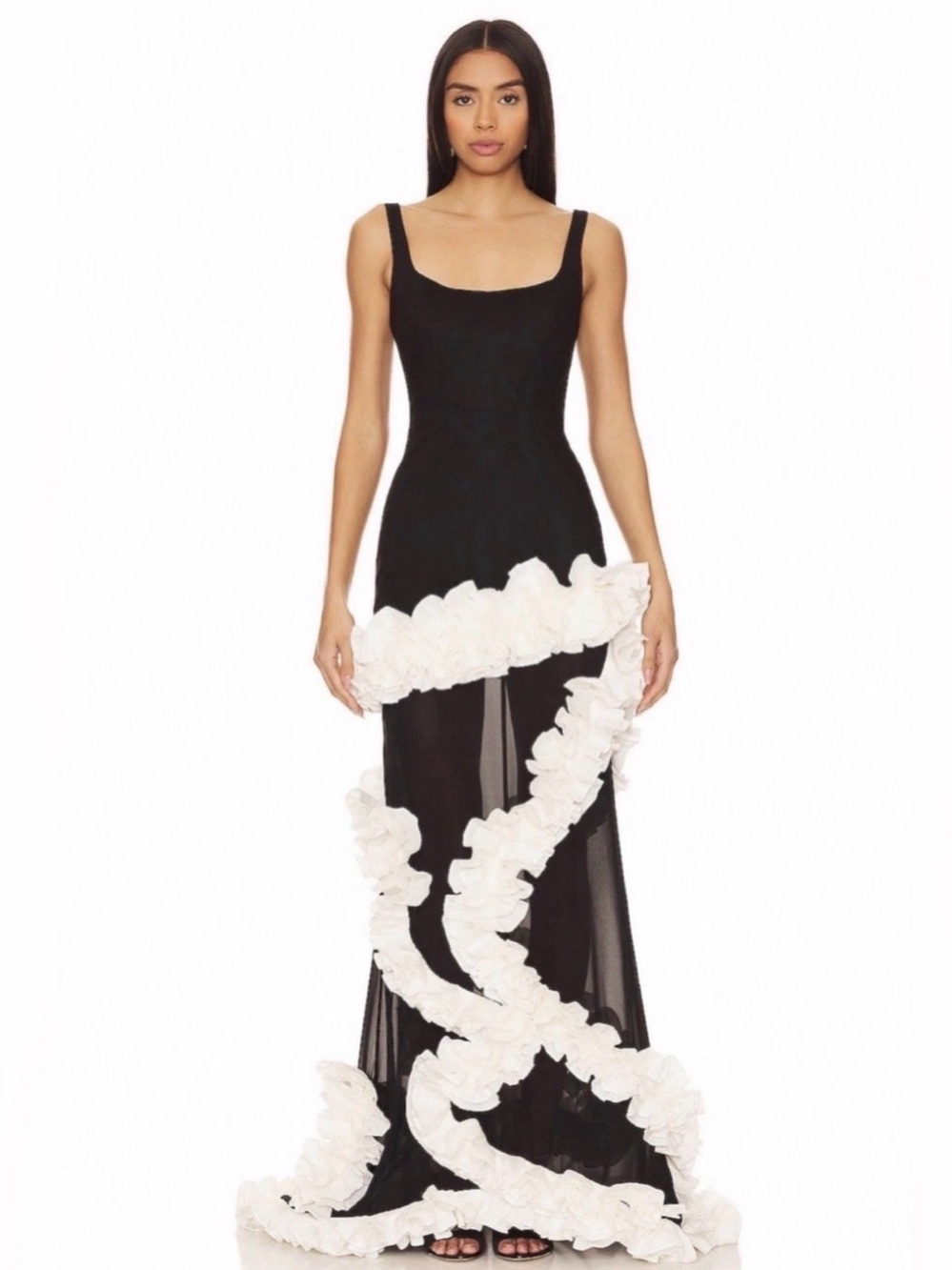 NBD Revolve Wisteria Black White Ruffle Mesh Cocktail Formal Evening Gown XS